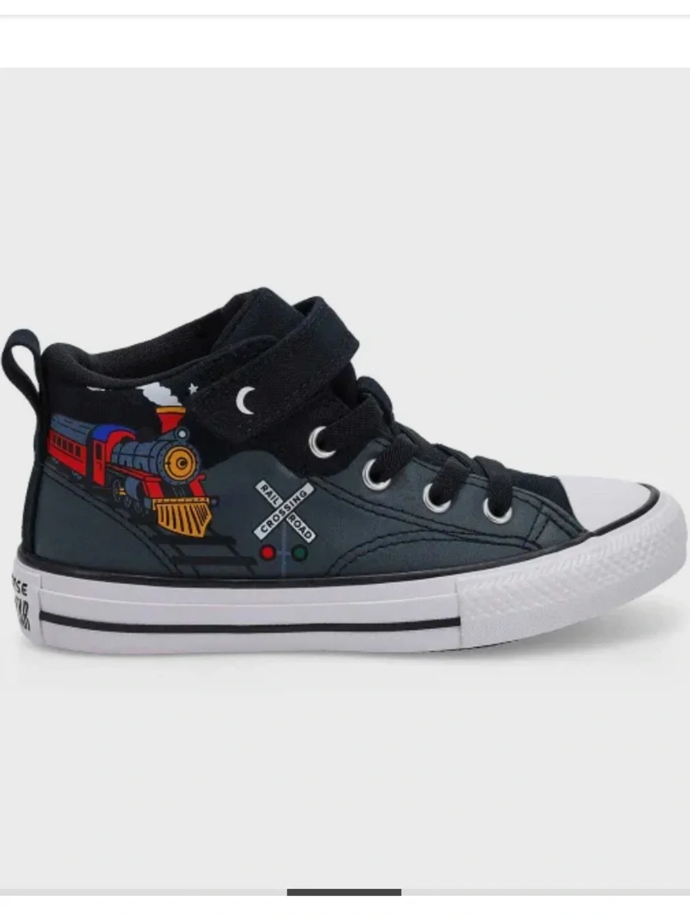 Converse Kids Black High-Top Sneakers with Multi-Color Train Graphic.
